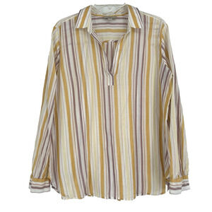 LOFT Mustard Yellow Stripe Popover Top Lightweight Beachy Long Sleeve Size L